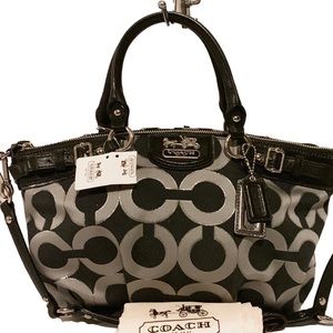 💐 COACH 18608 💐 GUNMETAL BLACK MADISON SIGNATURE LUREX OP ART SOPHIA SAT…